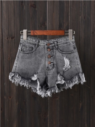 Kvinnor Button Up Pocket Loose Hollow Ripped Denim Shorts