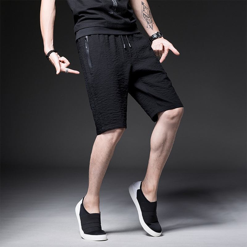 Mäns Quarter Zipper Pocket Thin Section Five Pants Season Pure Black Shorts