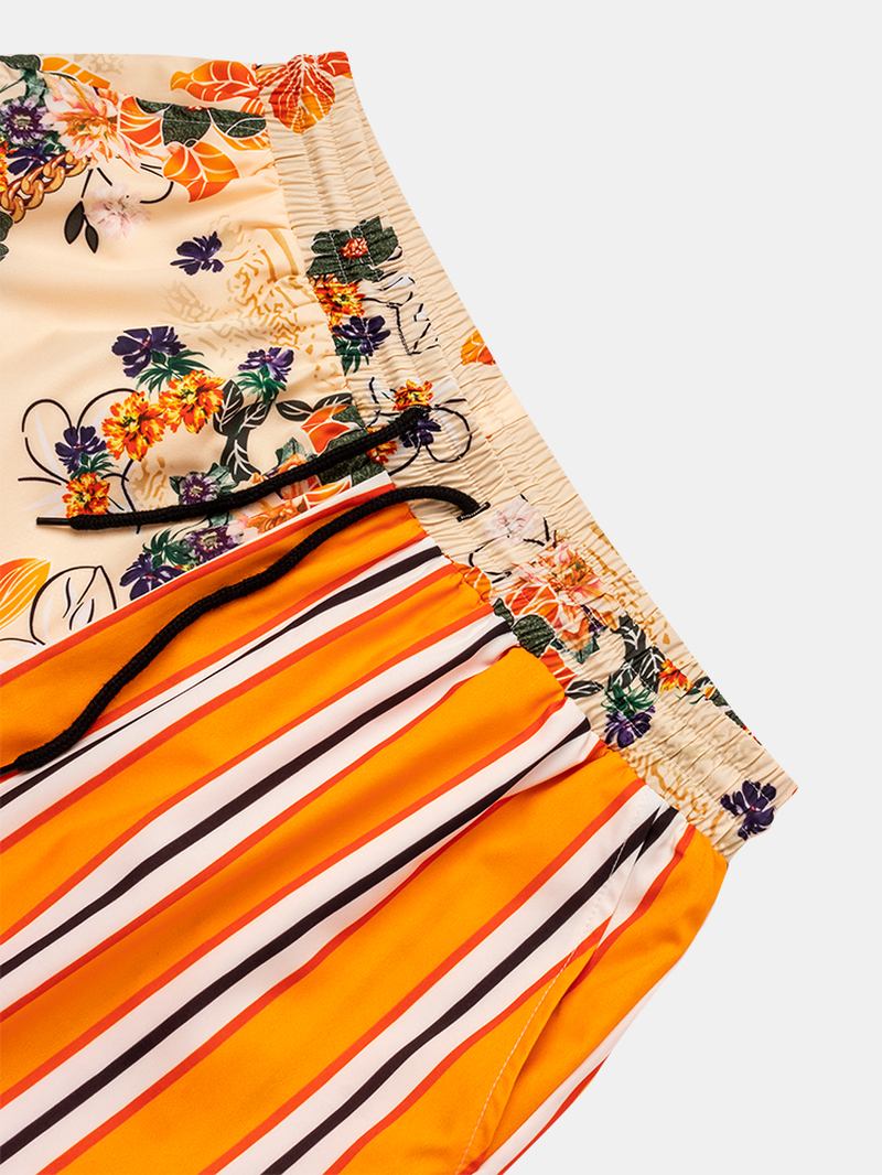 Randigt Blommönster För Herr Patchwork Causla Shorts Med Dragsko