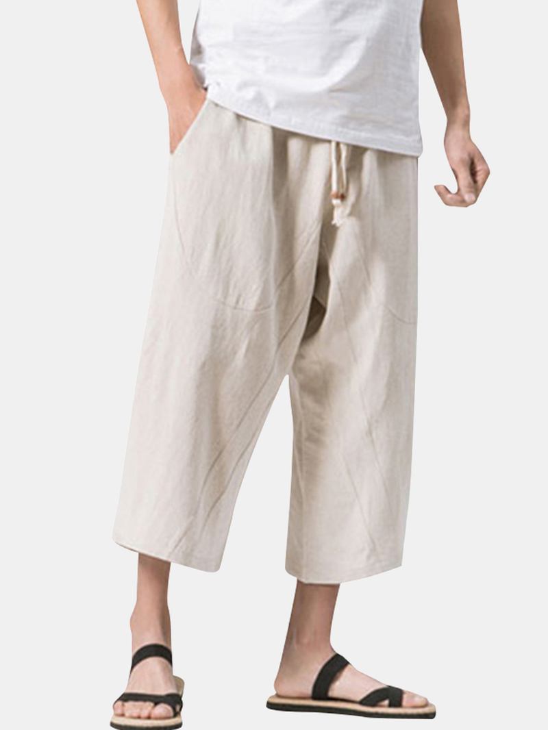 Snygga Herr Bomull Linne Baggy Lösa Vadlånga Byxor Antibakteriella Casual Shorts