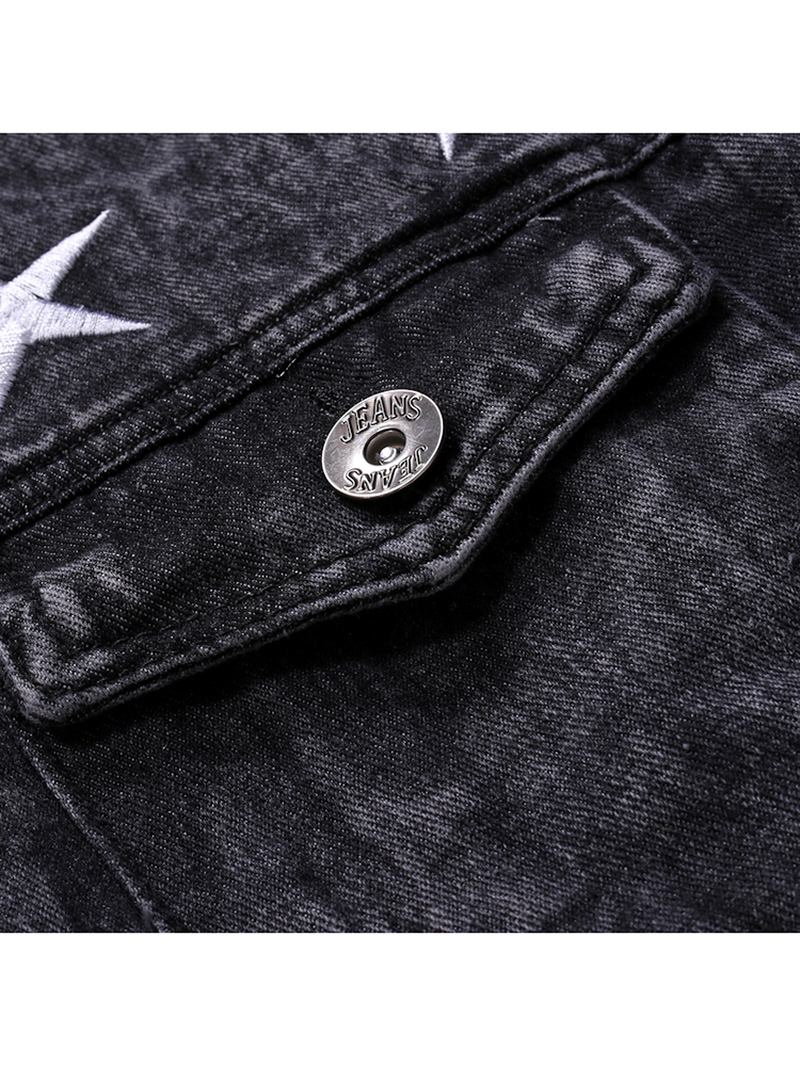 Herrmode Med Tryck Pocket Decoration Casual Washed Denim Jacka