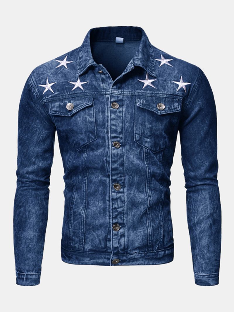 Herrmode Med Tryck Pocket Decoration Casual Washed Denim Jacka