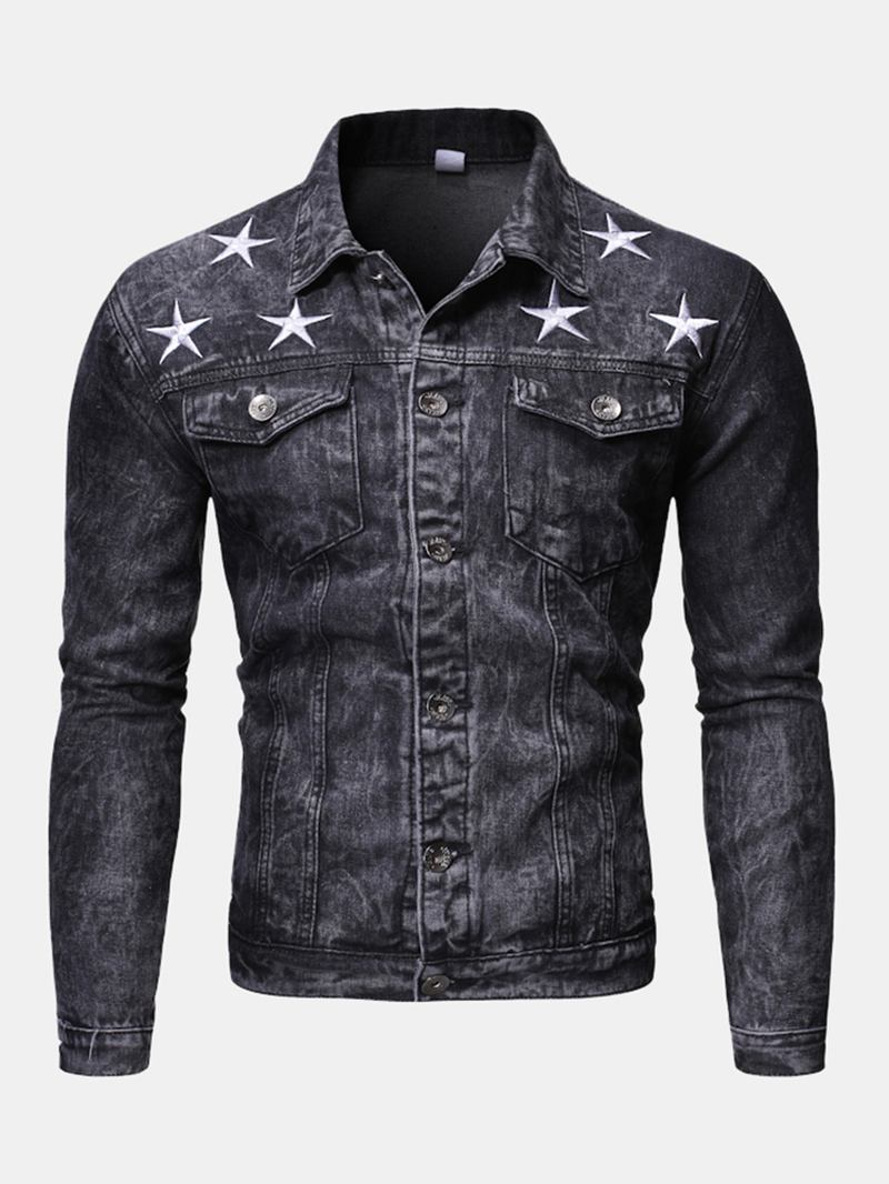 Herrmode Med Tryck Pocket Decoration Casual Washed Denim Jacka