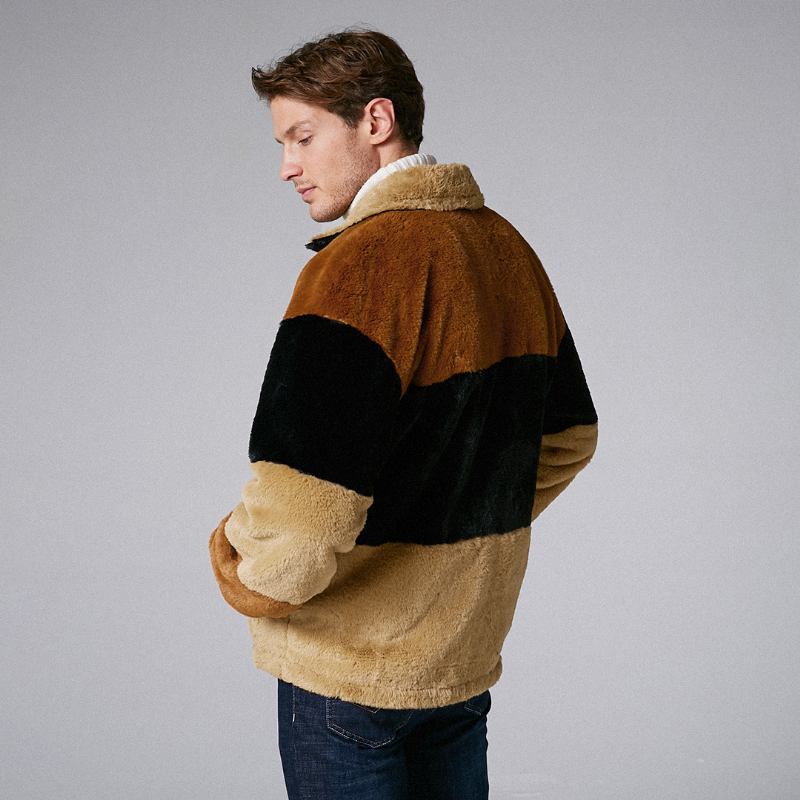 Herrmode Patchwork Turn Down Krage Hit Färg Tjock Casual Jacka