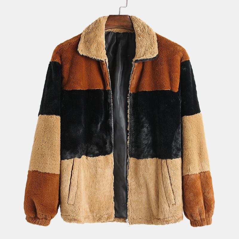 Herrmode Patchwork Turn Down Krage Hit Färg Tjock Casual Jacka