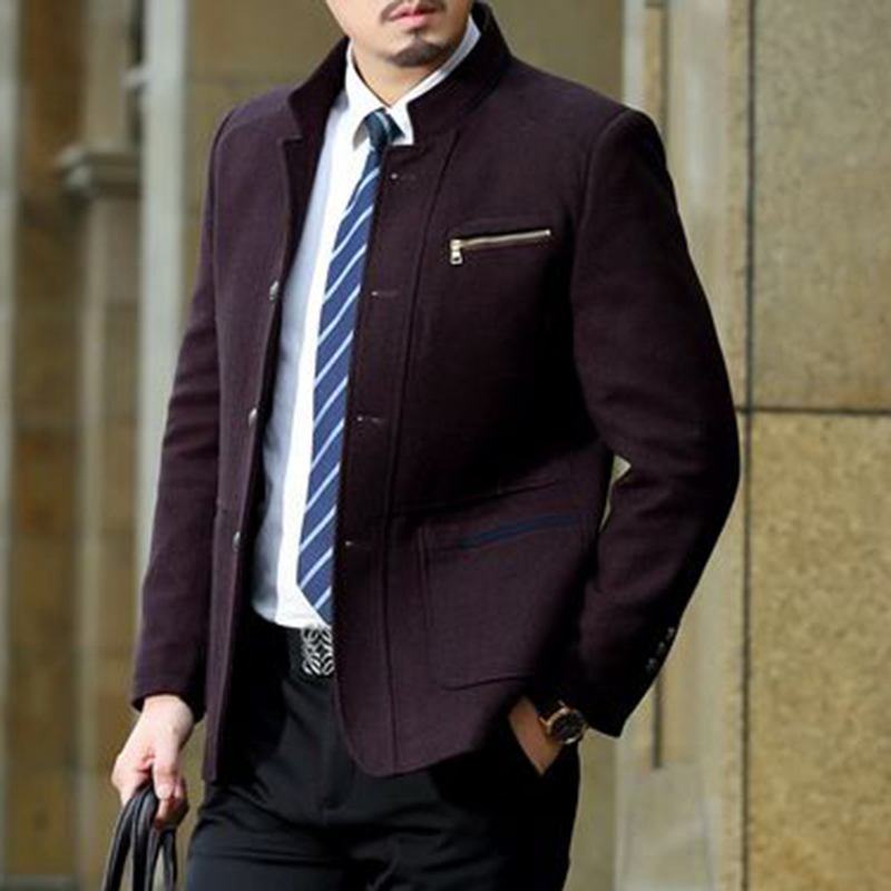Mäns Snygg Casual Business Ylle Bröstdragkedja Slim Fit Stand Collar Jacket