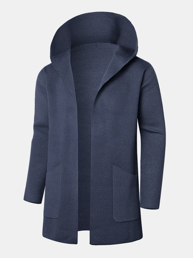 Stora Fickor Med Huva För Män Ren Färg Tjocka Mellanlånga Casual Kappor