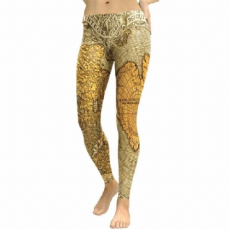 Ny Vår Gyllene Världskarta Leggings Kvinnor Bokstav Latitud Och Longitud 3d-tryckta Legg High Waist Byxor