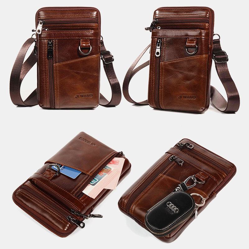 Män Äkta Läder 6.5 Tums Telefonväska Hållare Bältesväska Midjeväska Crossbody-väska Axelväska