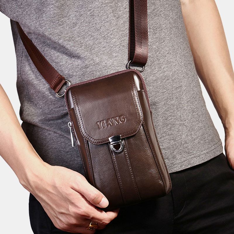 Män Äkta Läder 7-tums Retro Telefonväska Midjeväska Bältesväska Crossbody-väska Slingväska