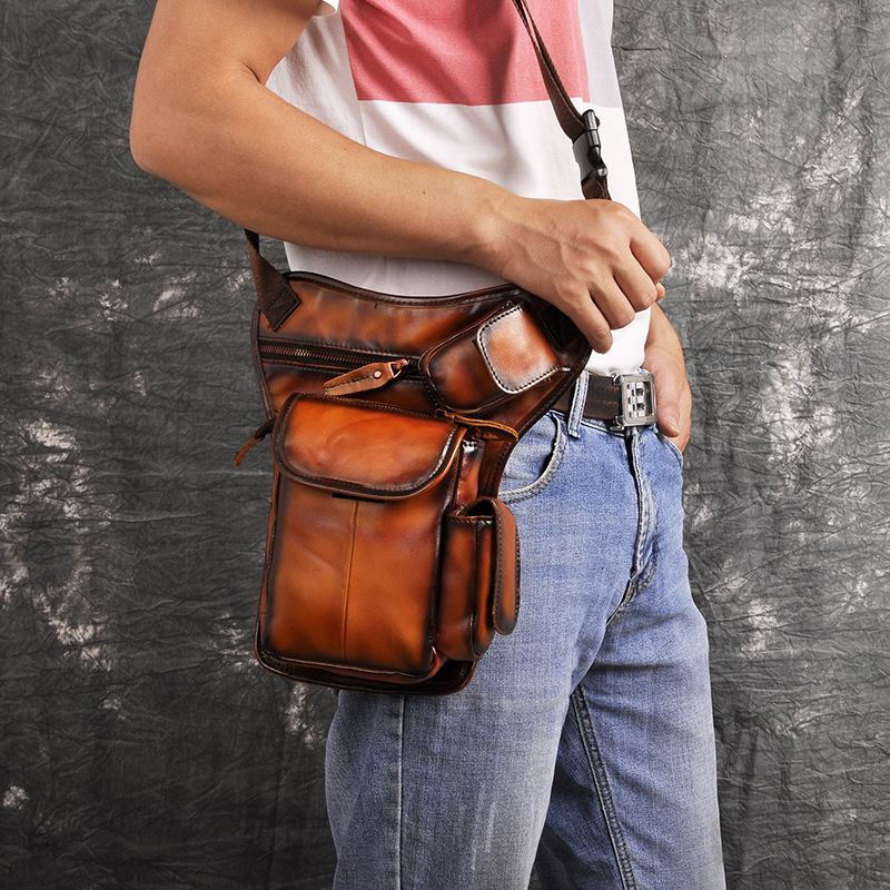 Män Äkta Läder Multi-carry Retro 7-tums Telefonkamera Utomhus Midjeväska Crossbody-väska