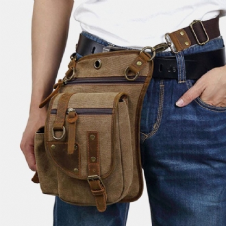 Män Äkta Läder Och Canvas Cykling Utomhus Sport Benväska Midjeväska Crossbody Väska