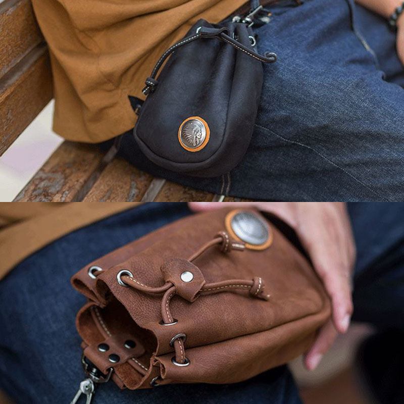 Män Äkta Läder Retro String Pocket Badge Dekoration Midjeväska 6.3 Tums Telefonväska