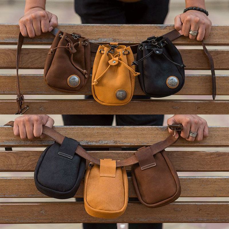 Män Äkta Läder Retro String Pocket Badge Dekoration Midjeväska 6.3 Tums Telefonväska