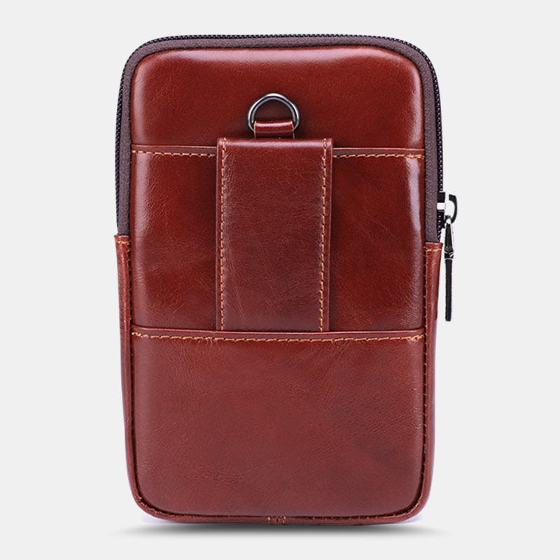 Män Flap-over Front Zipper Pocket Bältesväska Sport Casual 6.3 Tums Telefonväska Midjeväska I Äkta Läder