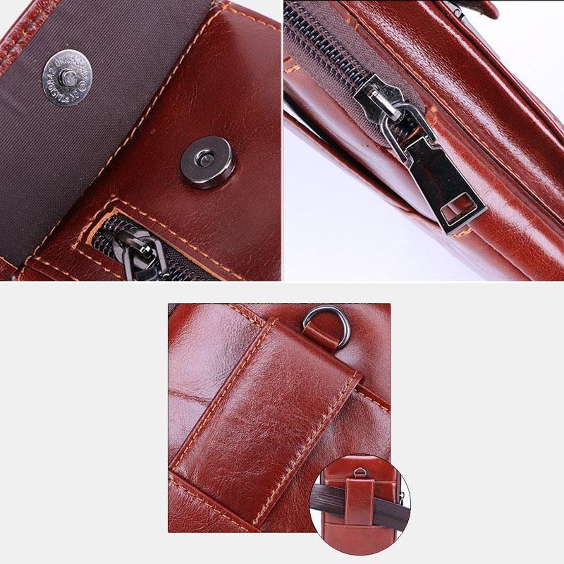 Män Flap-over Front Zipper Pocket Bältesväska Sport Casual 6.3 Tums Telefonväska Midjeväska I Äkta Läder