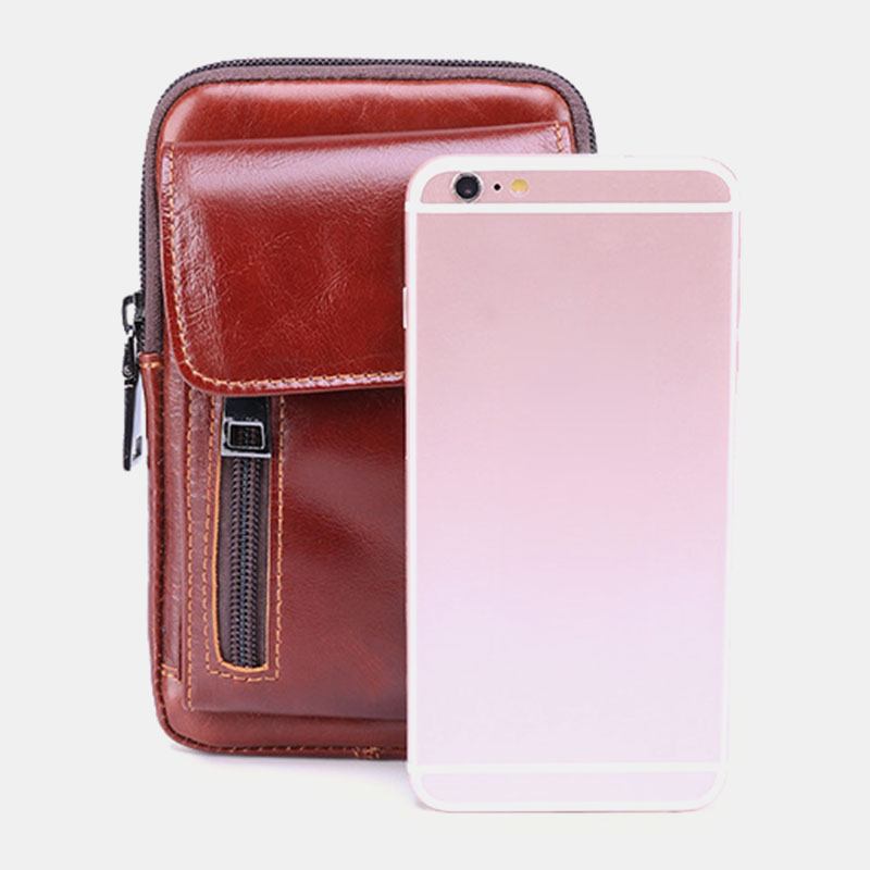 Män Flap-over Front Zipper Pocket Bältesväska Sport Casual 6.3 Tums Telefonväska Midjeväska I Äkta Läder