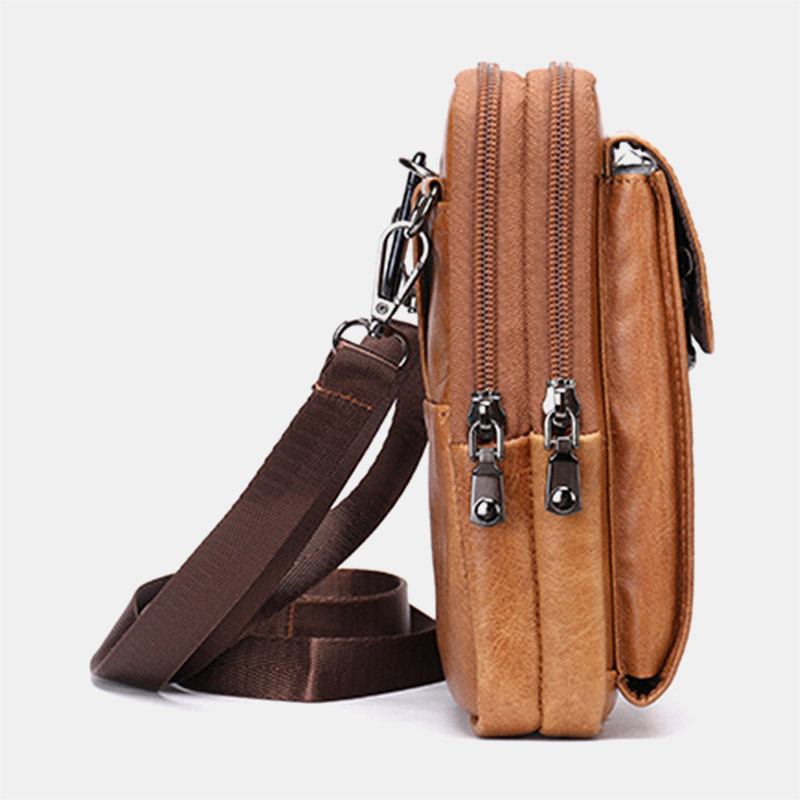 Retro Dubbellagers Kohudsväska För Män Casual Slitstark 6.5 Tums Telefonväska Bältesväska Crossbody-väska Axelväska