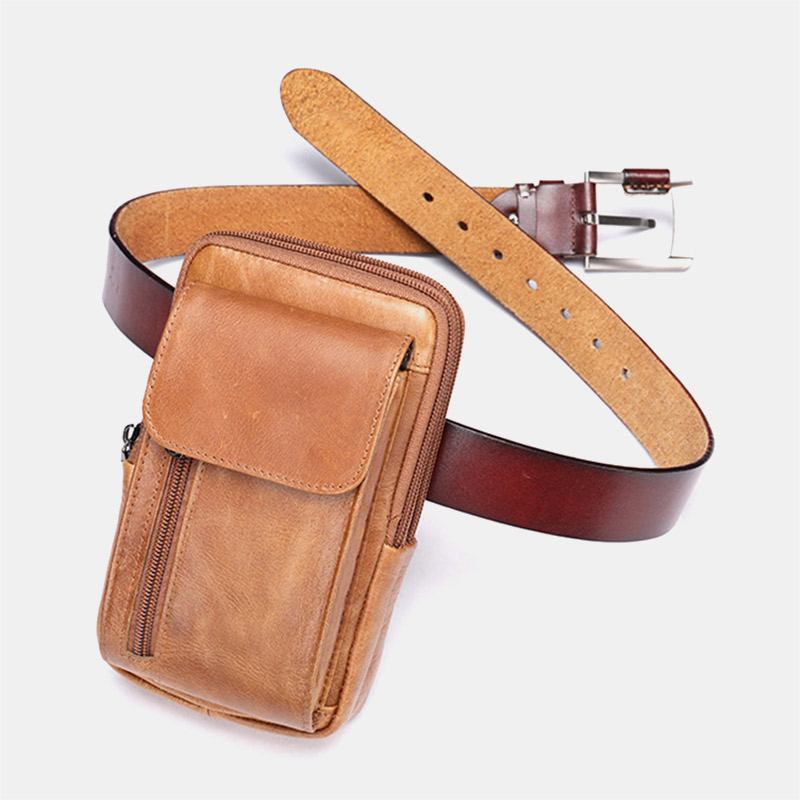 Retro Dubbellagers Kohudsväska För Män Casual Slitstark 6.5 Tums Telefonväska Bältesväska Crossbody-väska Axelväska