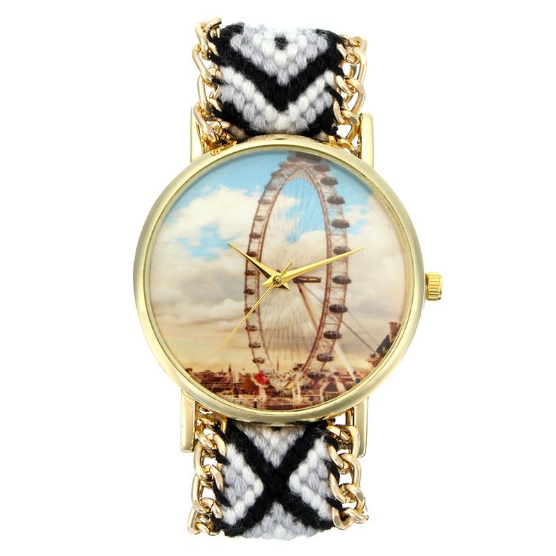 Custom Folk Style Damklocka Pariserhjulsväska Stickad Tygrem Casual Retro Quartz Armbandsur