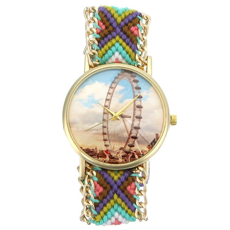 Custom Folk Style Damklocka Pariserhjulsväska Stickad Tygrem Casual Retro Quartz Armbandsur