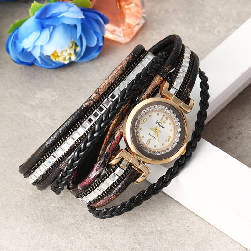 Kvinnor Läder Band Winding Analog Laides Klänning Armband Quartz Watch
