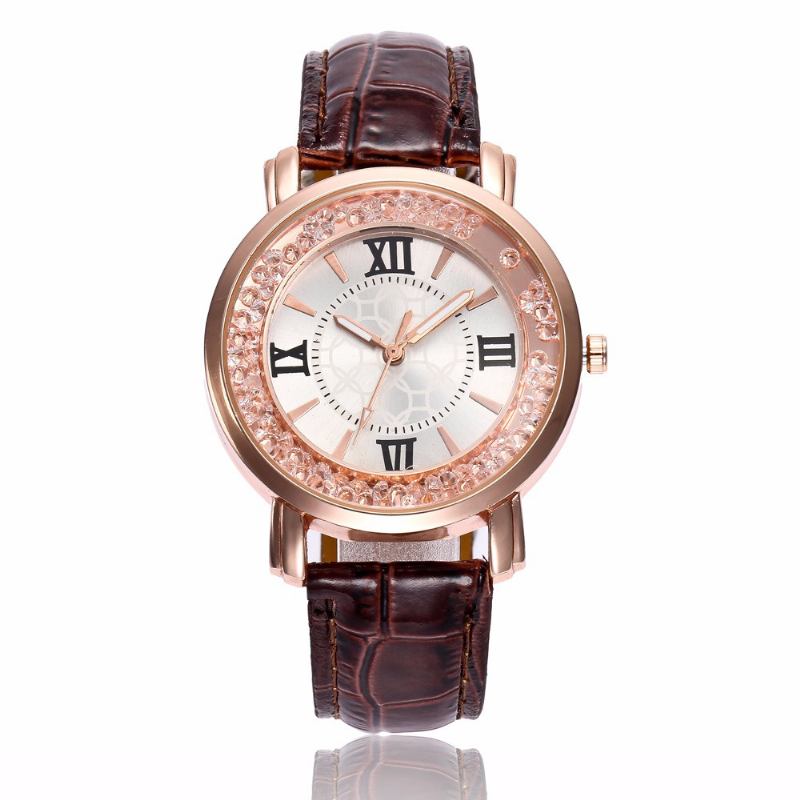 Mode Rose Gold Flödande Crystal Romerska Siffror Dam Klänning Armband Läder Kvinnor Quartz Watch