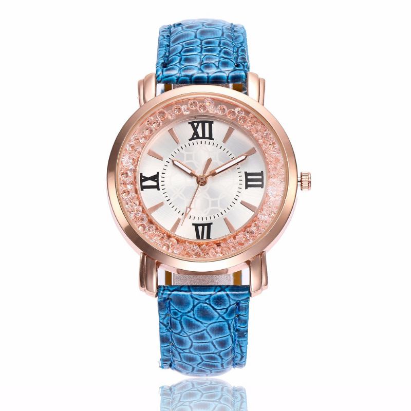 Mode Rose Gold Flödande Crystal Romerska Siffror Dam Klänning Armband Läder Kvinnor Quartz Watch