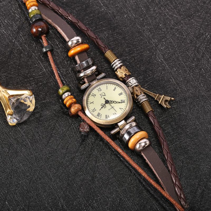 Retro Stil Kvinnor Armband Watch Beads Eiffel Tower Pendant Quartz Watch