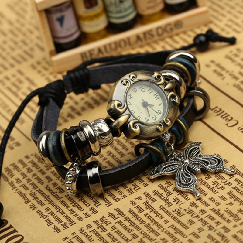 Vintage Multilayer Cow Leather Dam Armband Watch Butterfly Pendant Quartz Watch