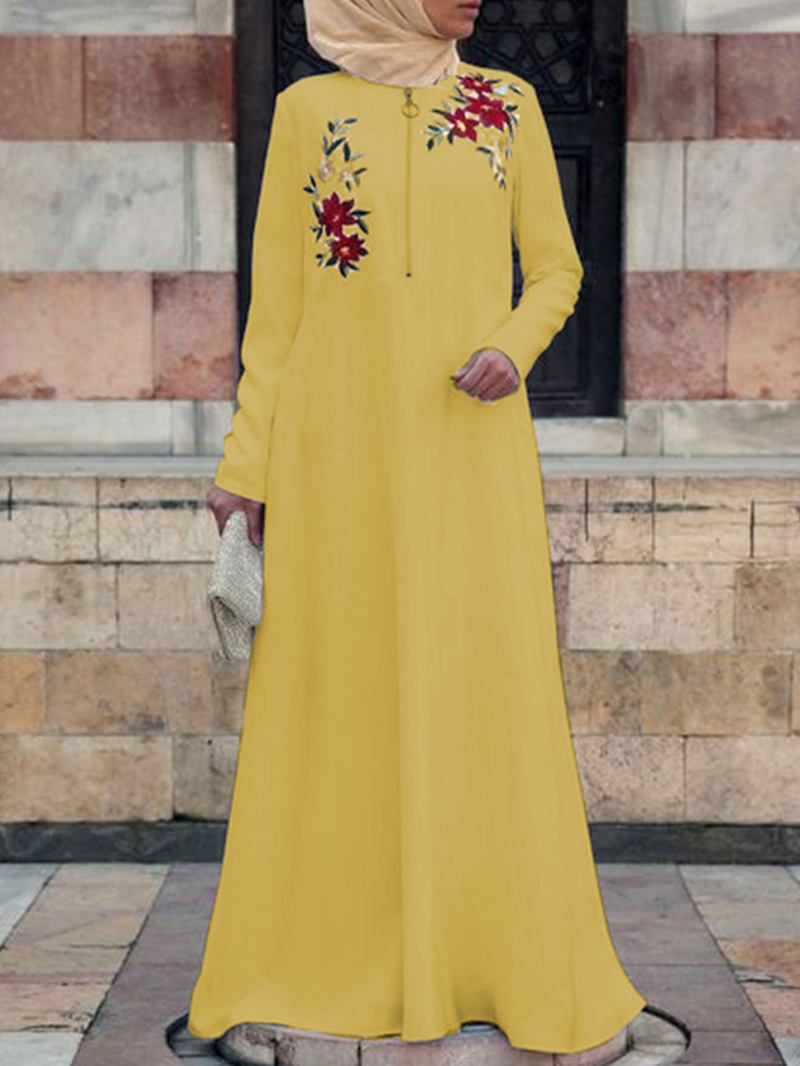 Blommor Broderi Dragkedja Fram Långärmad Bohemian Casual Maxiklänning För Kvinnor