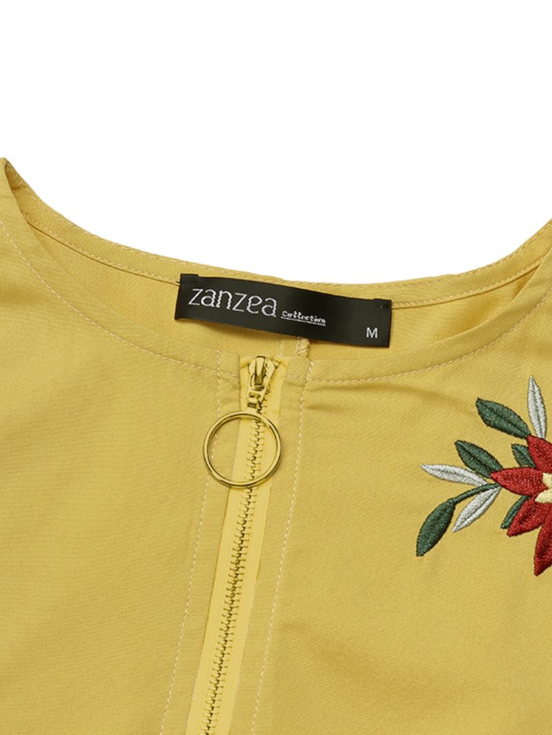 Blommor Broderi Dragkedja Fram Långärmad Bohemian Casual Maxiklänning För Kvinnor