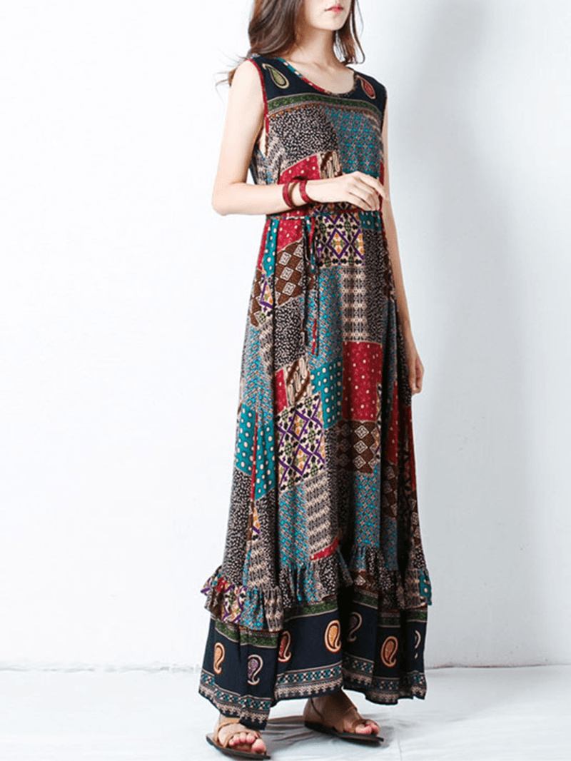 Bohemian Kvinnor Ärmlös O-hals Tryckt Maxi Tank Dress