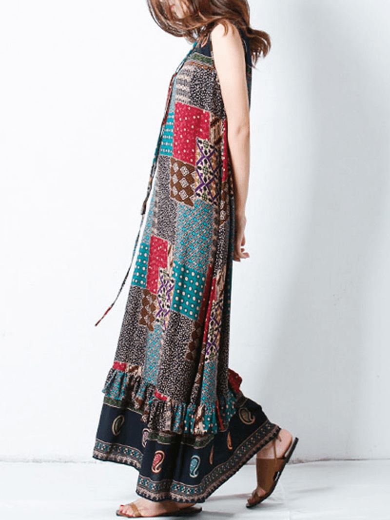 Bohemian Kvinnor Ärmlös O-hals Tryckt Maxi Tank Dress