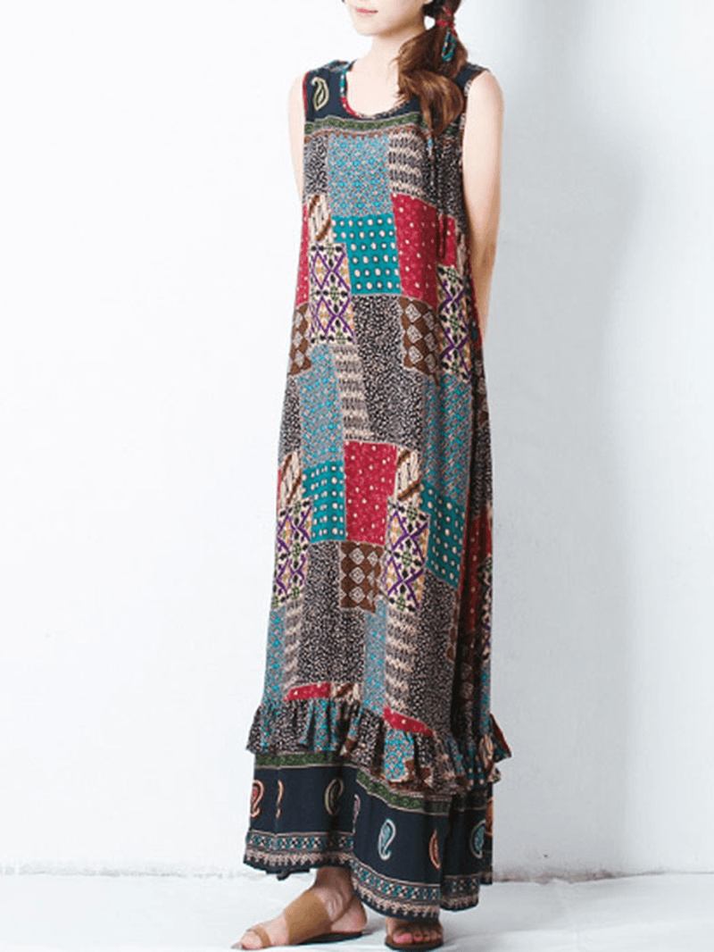 Bohemian Kvinnor Ärmlös O-hals Tryckt Maxi Tank Dress