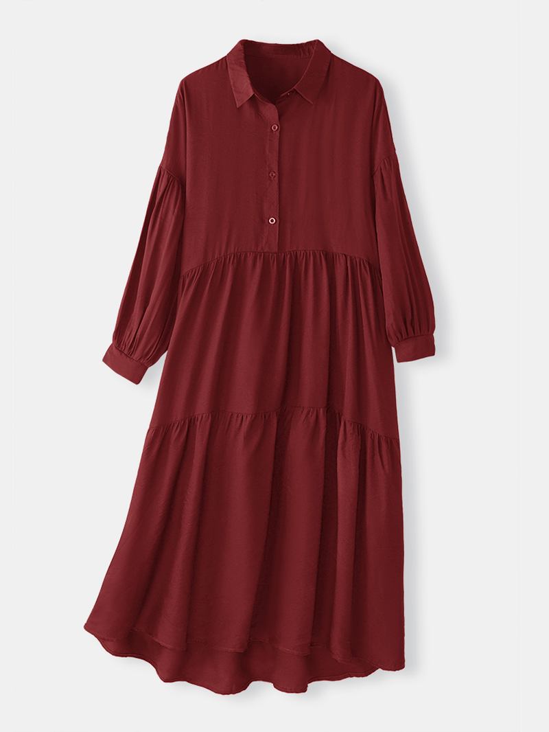 Dam Puff Sleeve Solida Veck Lapel Button Maxiklänningar