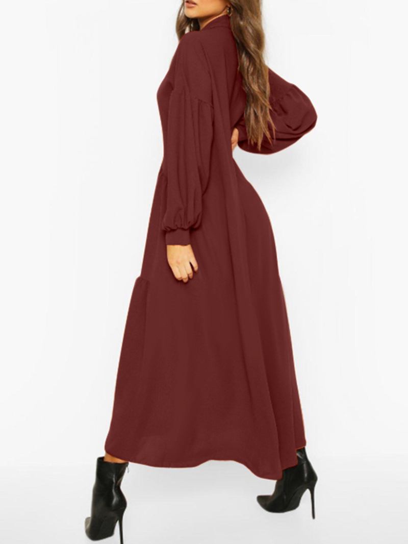 Dam Puff Sleeve Solida Veck Lapel Button Maxiklänningar