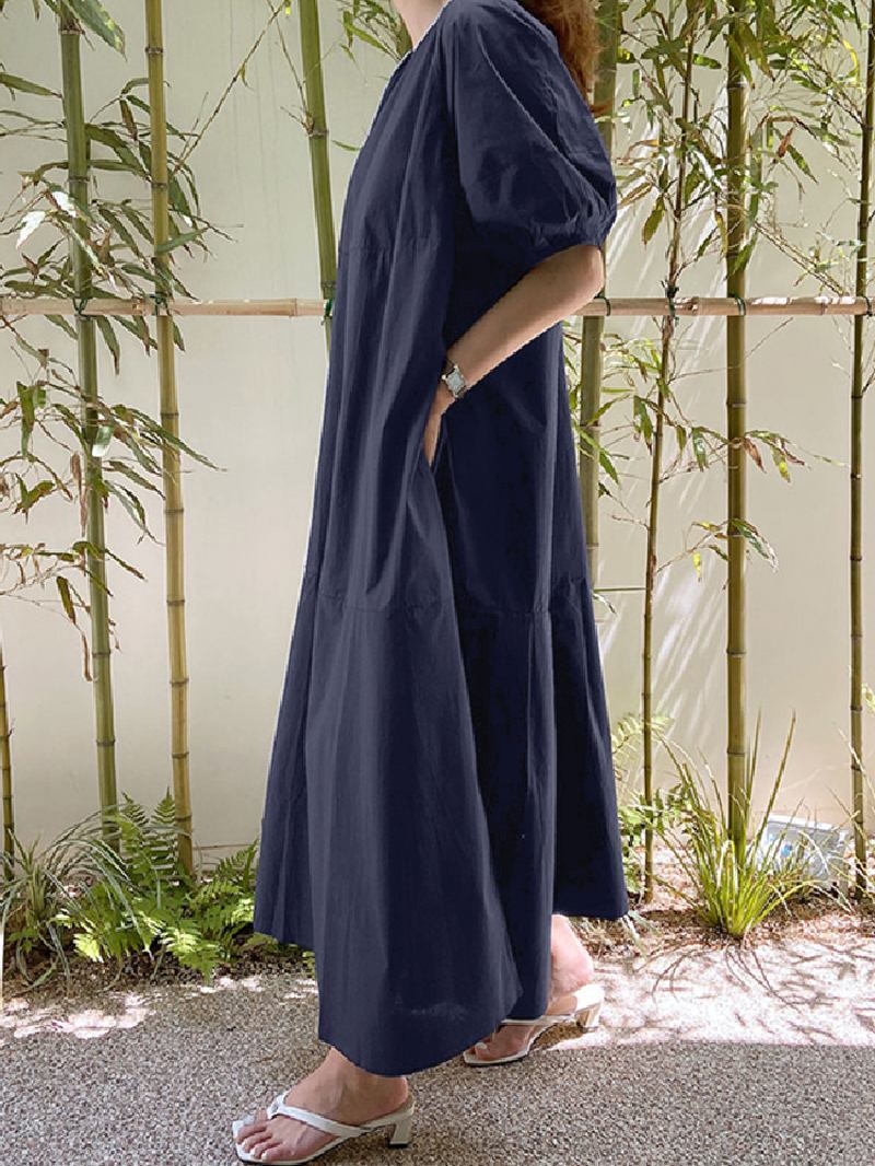 Enfärgad O-hals Puffärm Vanlig Casual Sidoficka Holiday Maxi Dress