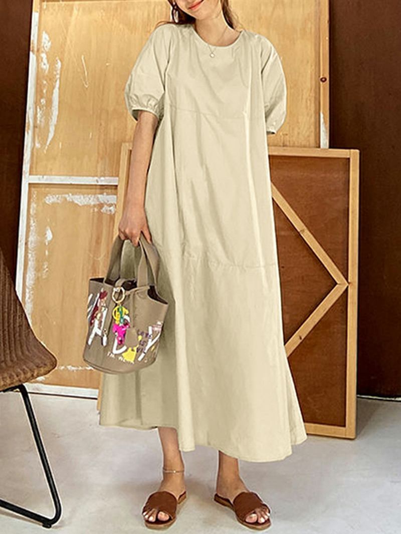 Enfärgad O-hals Puffärm Vanlig Casual Sidoficka Holiday Maxi Dress