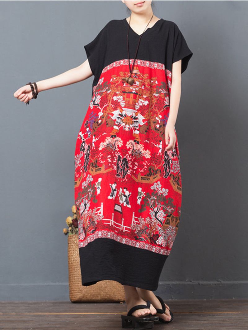 Folkstil Med Tryck Patchwork Maxiklänningar