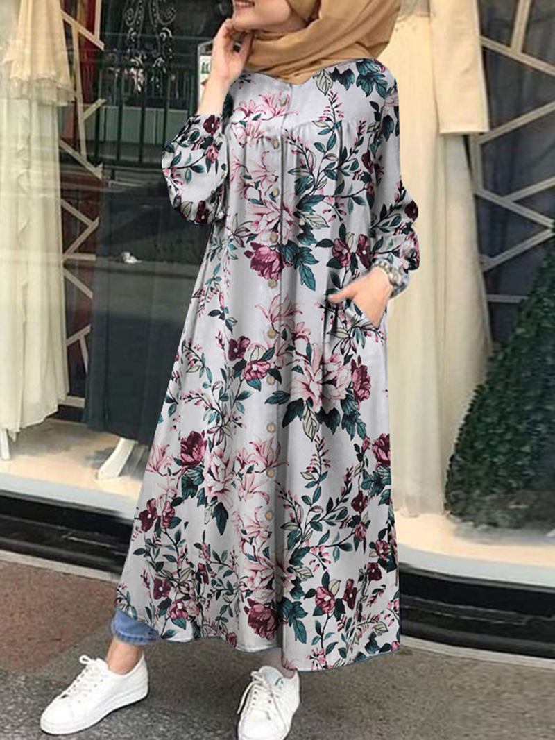 Kvinnor 100% Bomull Blomtryck Med Mitten Av Vadlånga Kaftan Maxiklänningar Med Sidficka