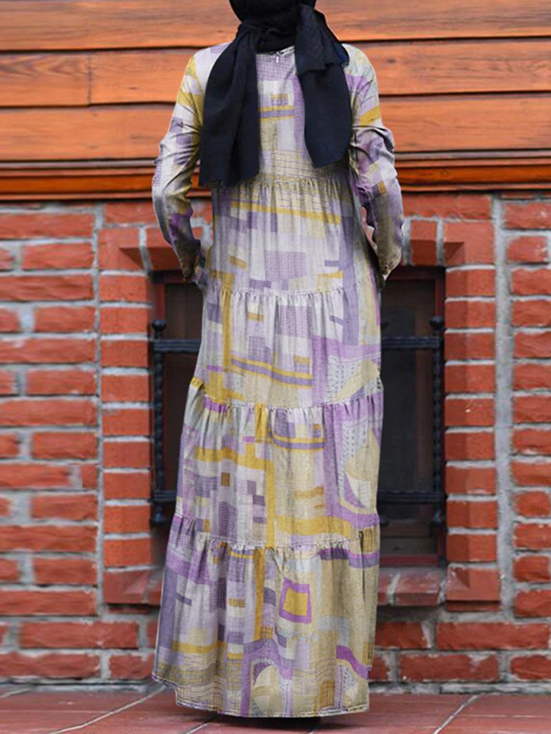 Kvinnor Abstrakt Tryck Tiered Vintage Robe Långärmad Maxiklänningar Med Ficka