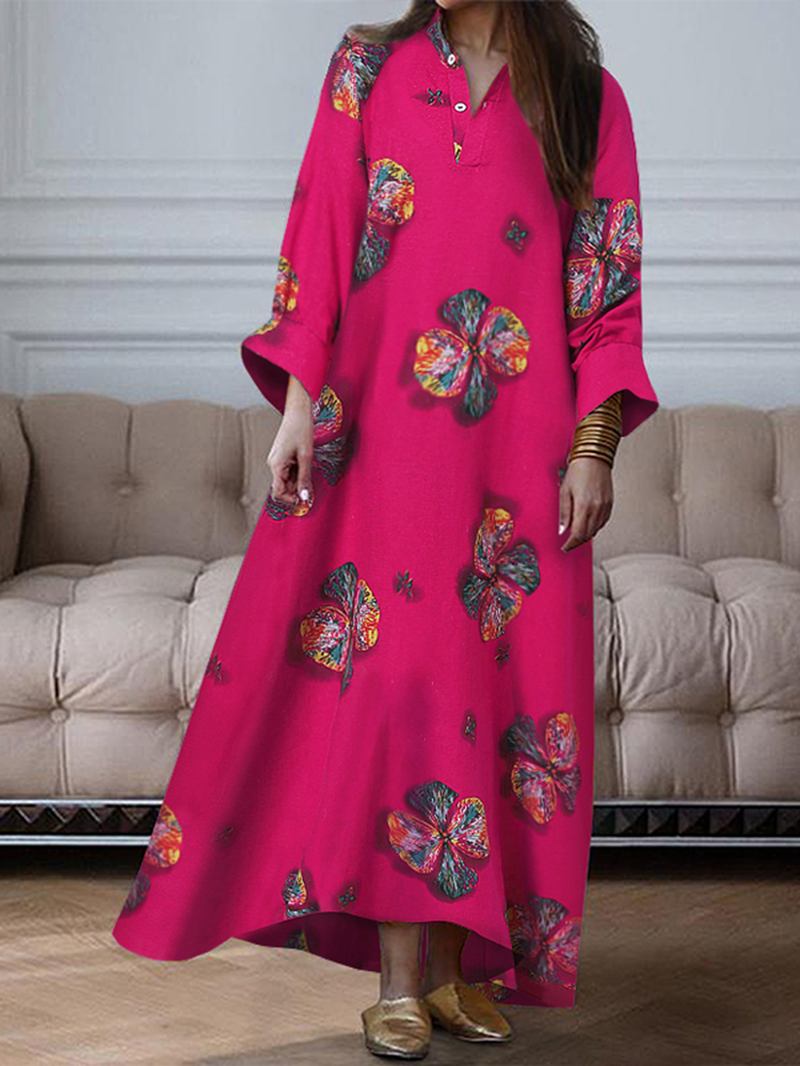 Kvinnor Blommönster V-hals Långärmad Knapp Holiday Casual Maxi Shirt Dress