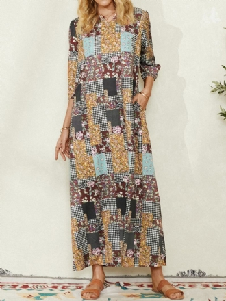 Kvinnor Colorblock Floral Plädtryck Vintage Maxiklänning Med Ficka