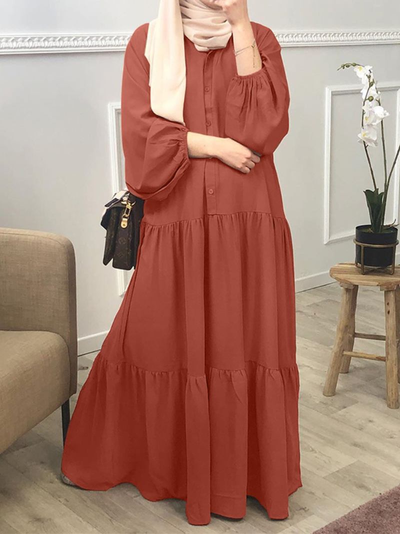 Kvinnor Enfärgad Button Down Front Puff Sleeve Kaftan Robe Maxi Dress