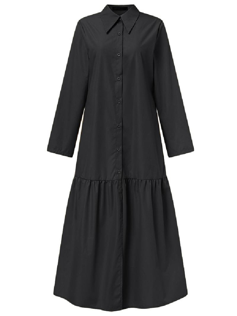 Kvinnor Enfärgad Lapel A-line Långärmad Enkla Maxi Skjorta Klänningar