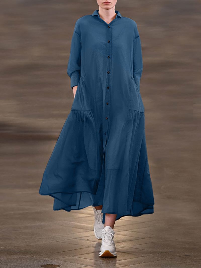 Kvinnor Enfärgad Lapel Veck Långärmad Casual Shirt Klänning Med Sidficka