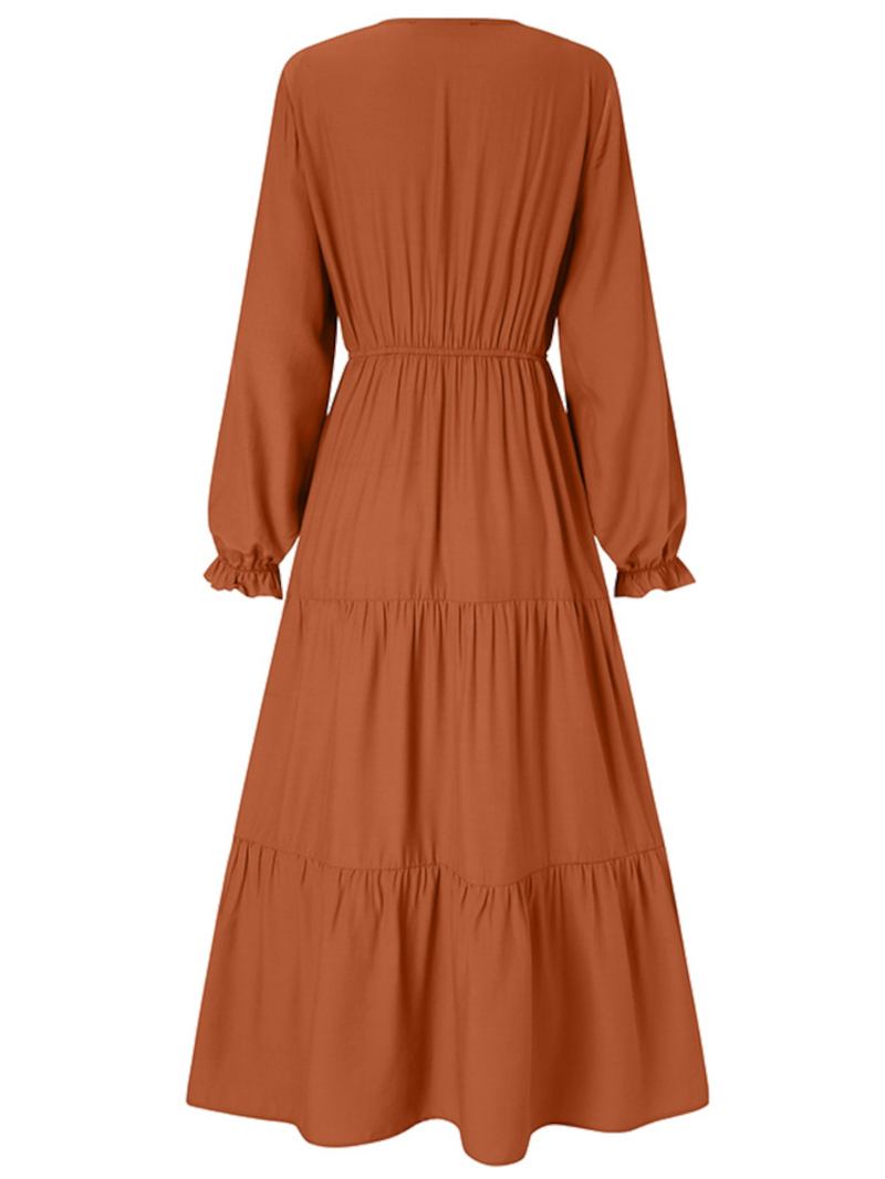 Kvinnor Enfärgad Puffärm V-hals Big Swing Casual Maxi Layered Dress