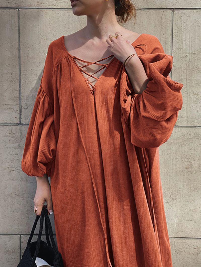 Kvinnor Enfärgad V-ringad Tie Bubble Sleeves Plisserade A-line Maxiklänningar