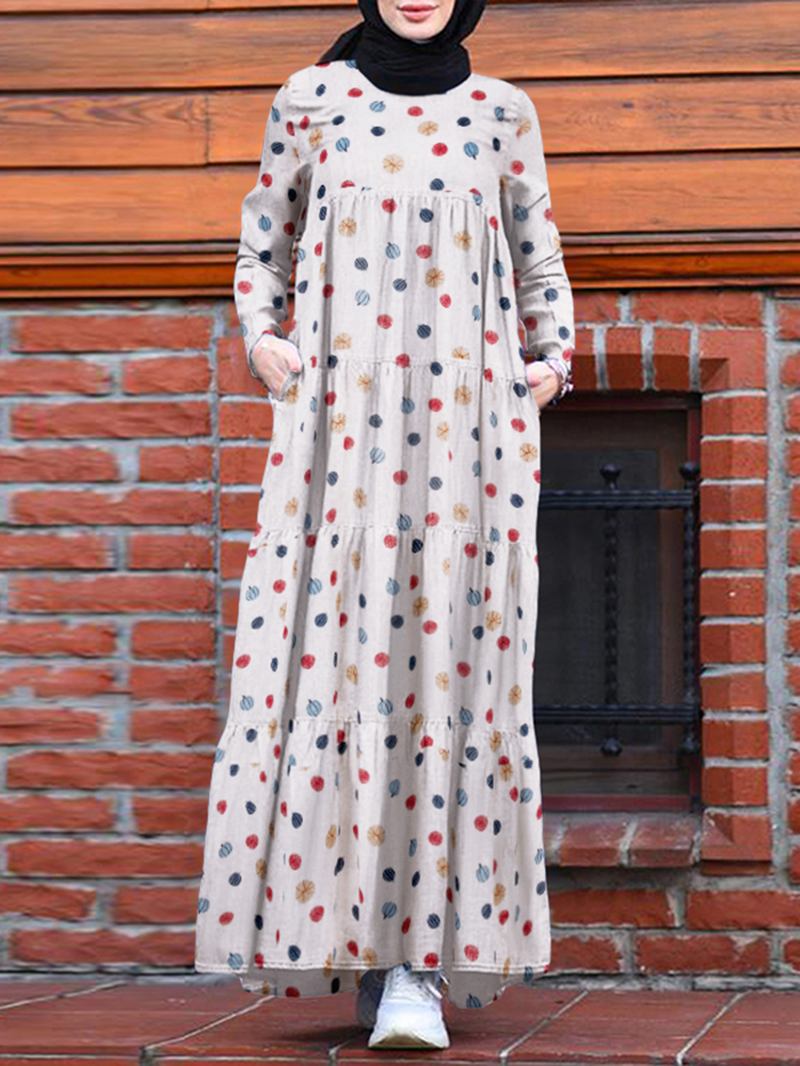 Kvinnor Färgglada Blommönster Layered Patchwork Långärmad Veckad Casual Muslim Klänning